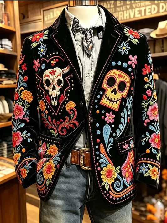 Men's Day of the Dead Colorful Skull Floral Print Corduroy Blazer