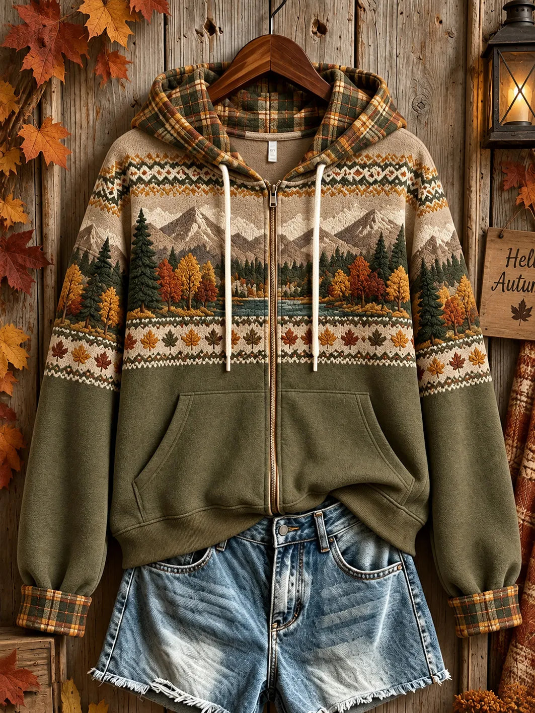 Women's Autumn Element Pattern Design Leisure Zip-Up Hoodie