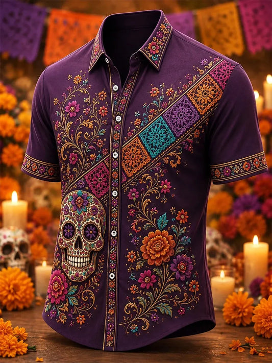 Men's Day Of The Dead Print Short Sleeve Buttons Shirt