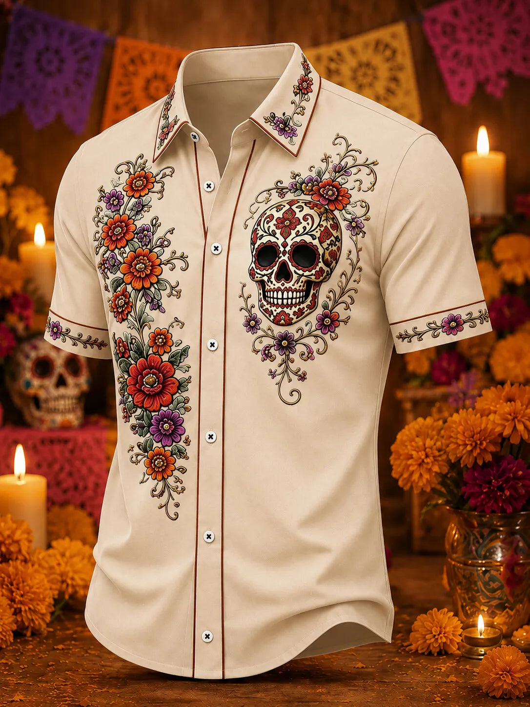 Men's Day Of The Dead Floral Skull And Curving Blossom Vines Print Short Sleeve Buttons Shirt