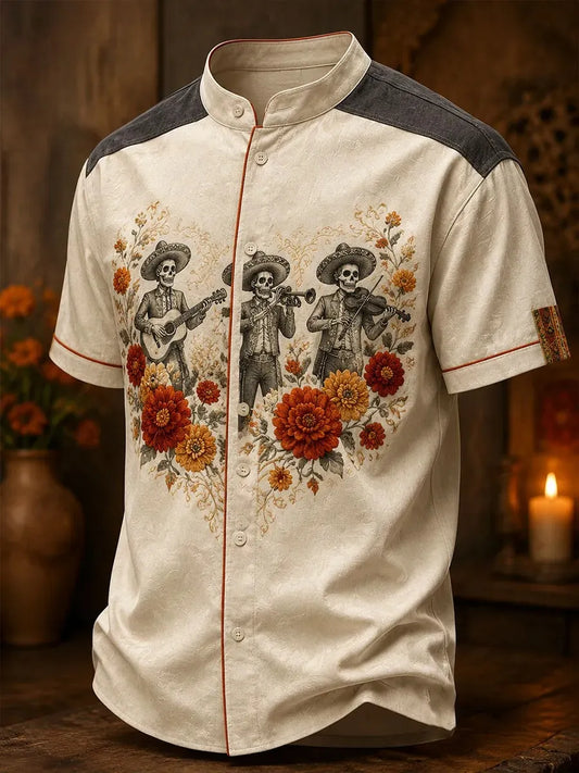 Men's Day Of The Dead Three Mariachi Skeleton Musicians Print Stand Collar Short Sleeve Shirt