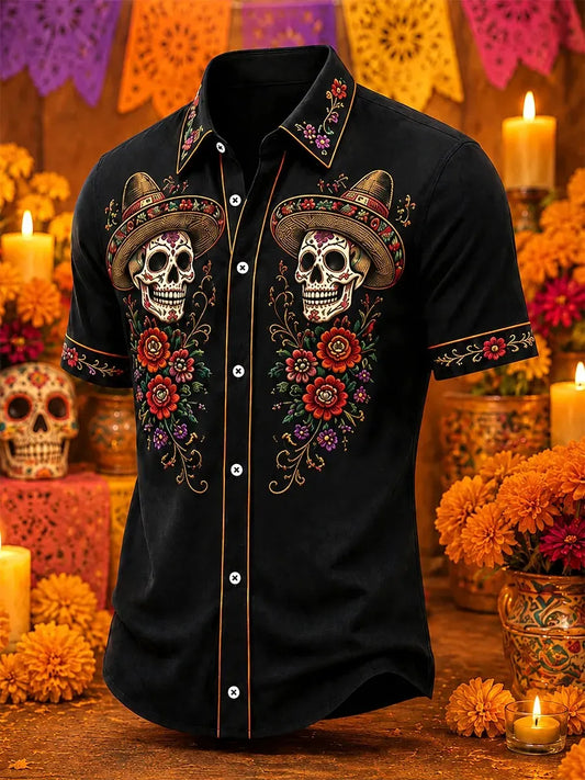 Men's Day Of The Dead Twin Sombrero Skulls And Lush Florals Print Short Sleeve Buttons Shirt