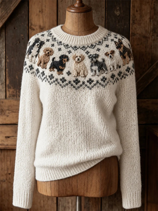 Women's Vintage Dogs Yoke Isle Pattern Print crew neck sweater
