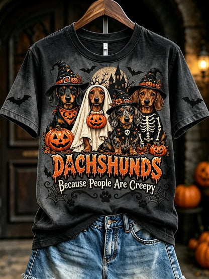 Women's Dachshunds Because People Are Creepy Halloween Print Short-sleeved T-shirt