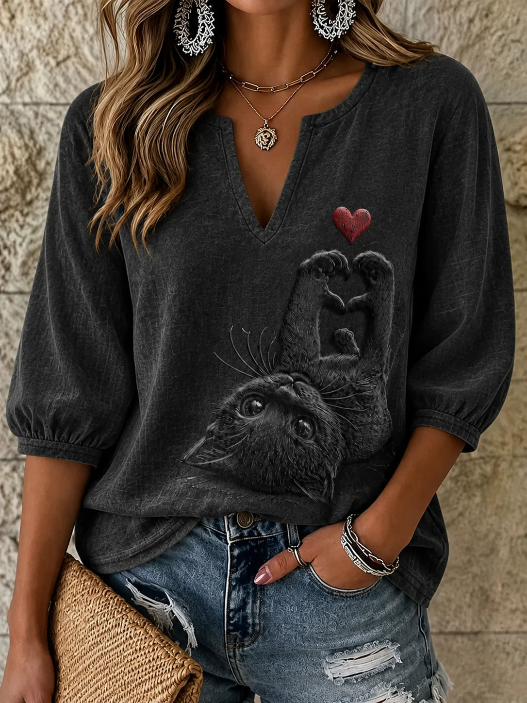 Women's Vintage Casual Cat Print Shirt